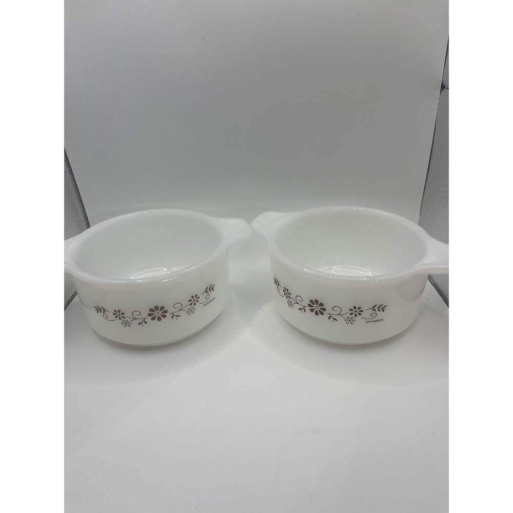 Set of 2‎ Vintage Dynaware Pyr-o-rex Brown  and White Flower Ramekins, Soup Dish